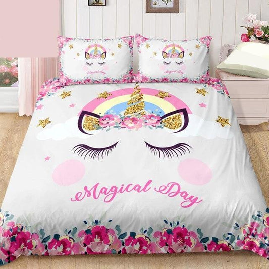 2/3-Piece Magical Day Floral Unicorn Duvet Cover Set