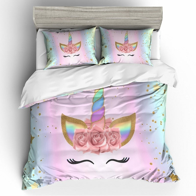 2/3-Piece Pink Rose Unicorn Duvet Bedding Set