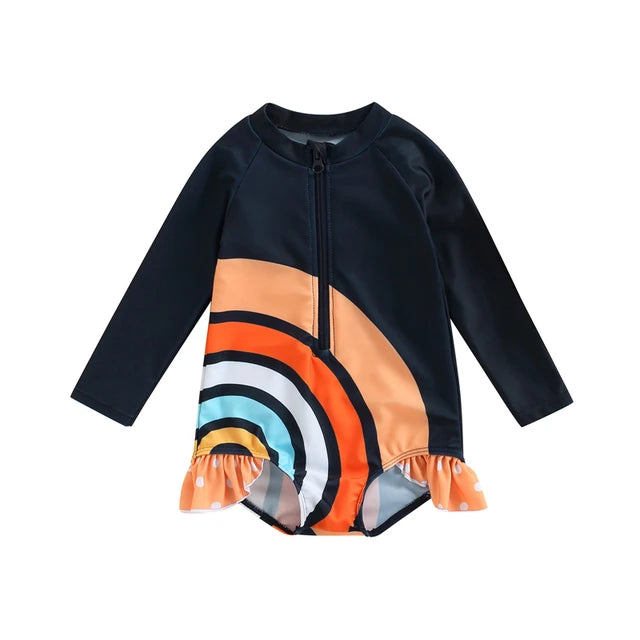 1-Piece Girls Rainbow Long Sleeve Ruffle Swimsuit