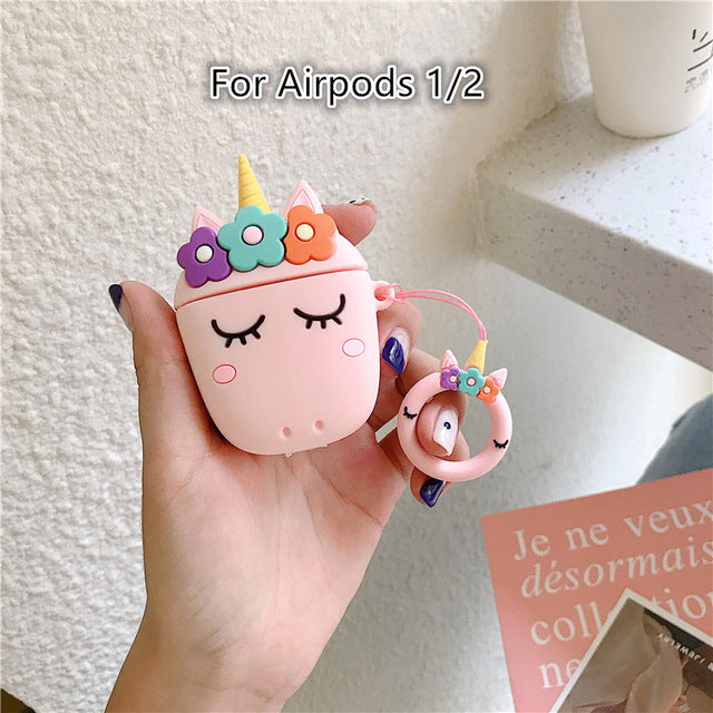 3D Floral Unicorn AirPods Silicone Case Cover with Stitch Ring