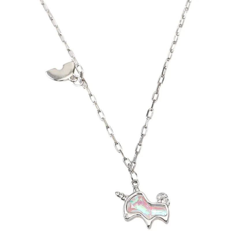 925 Silver Plated Opal Unicorn Necklace