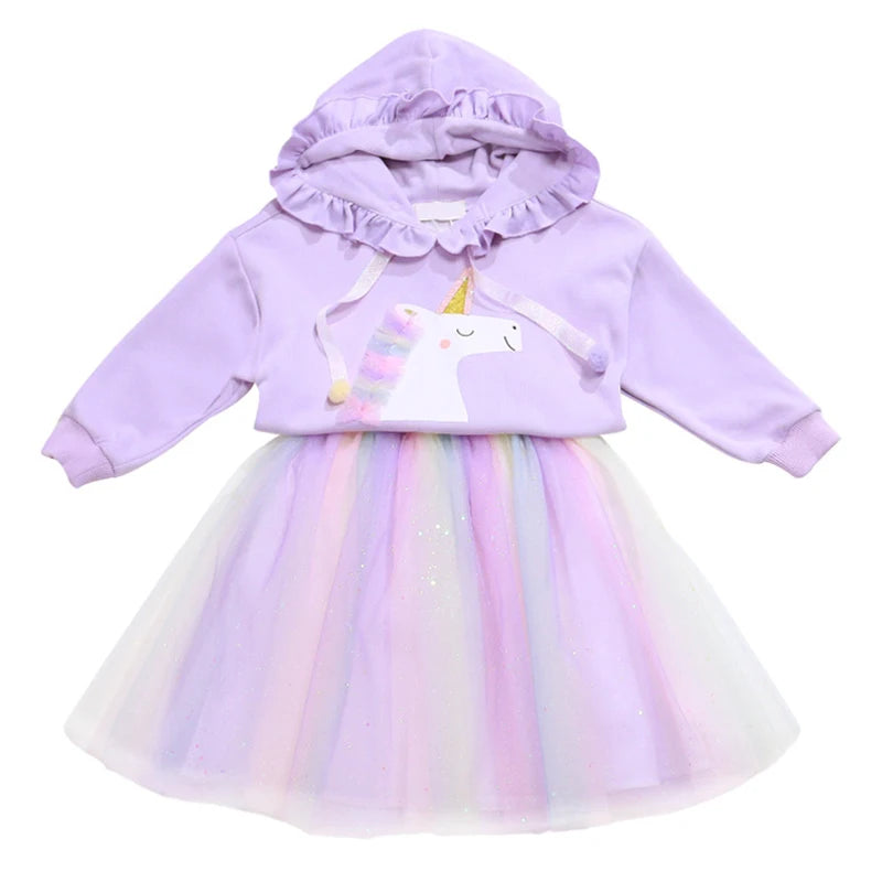 Girl's Unicorn Ruffle Hoodie+Skirt Set