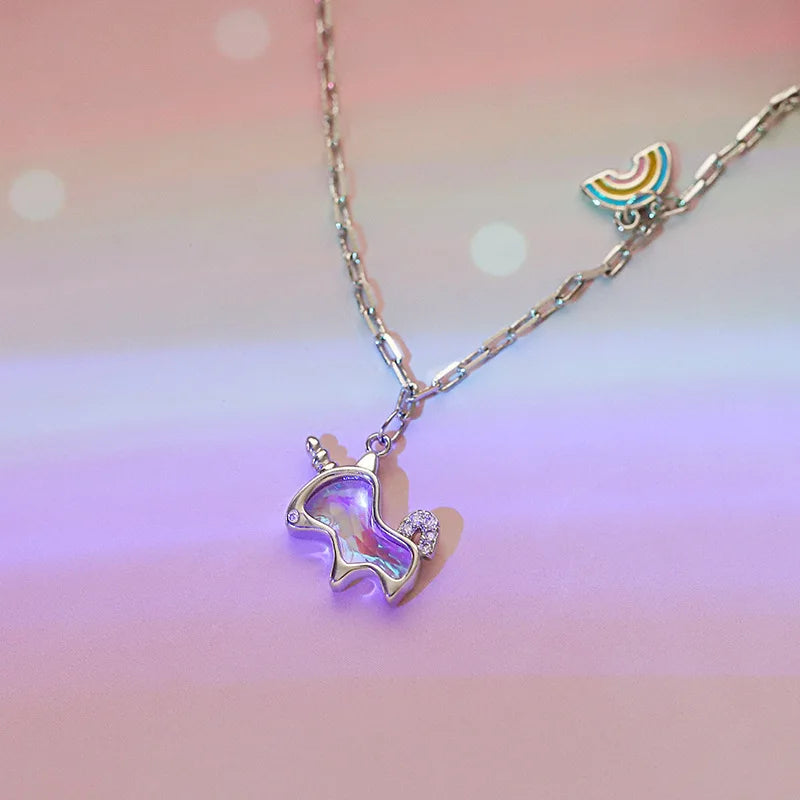 925 Silver Plated Opal Unicorn Necklace