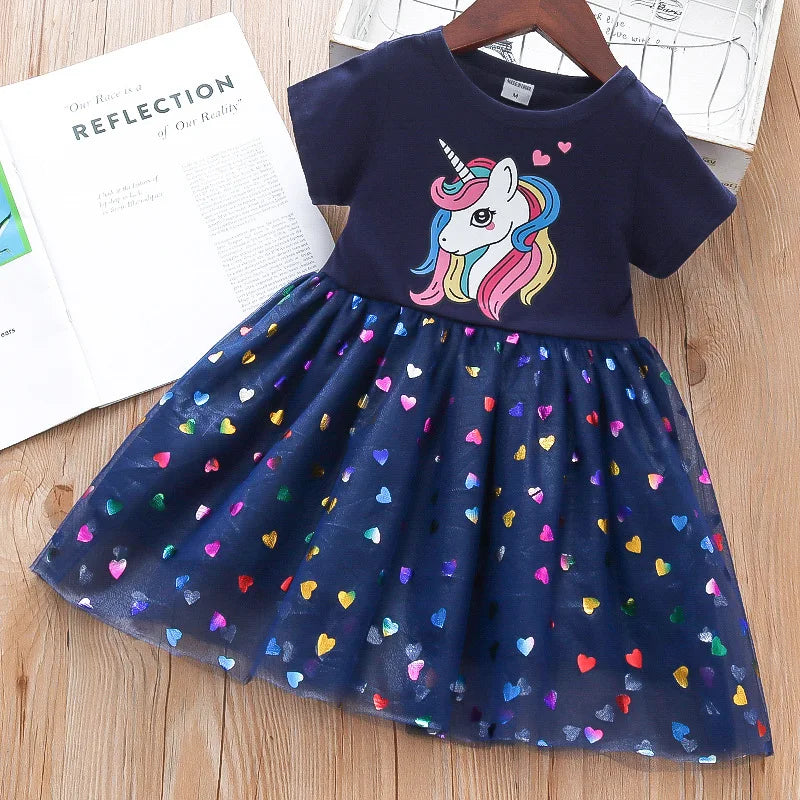 Navy and Pink Short Sleeve Unicorn Dress with Heart Tulle