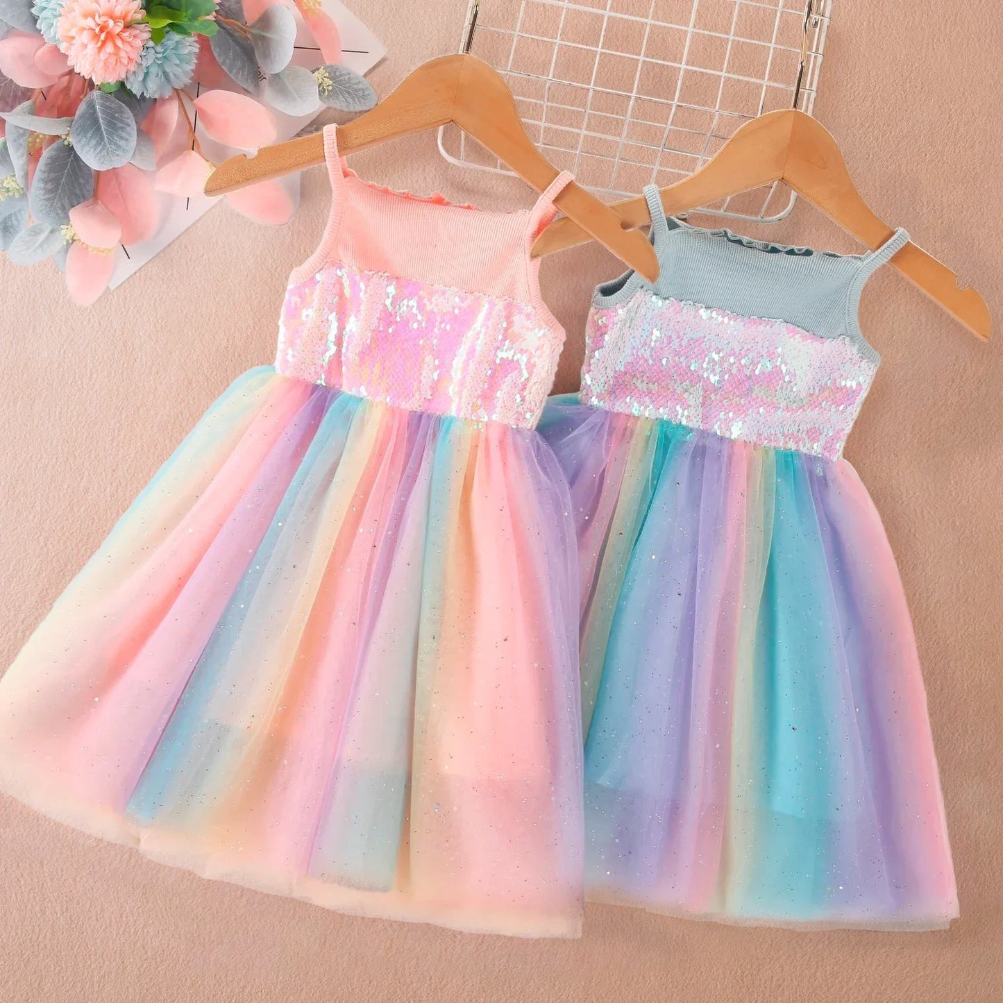 Girls Unicorn Inspired Sequin Rainbow Tulle Dress