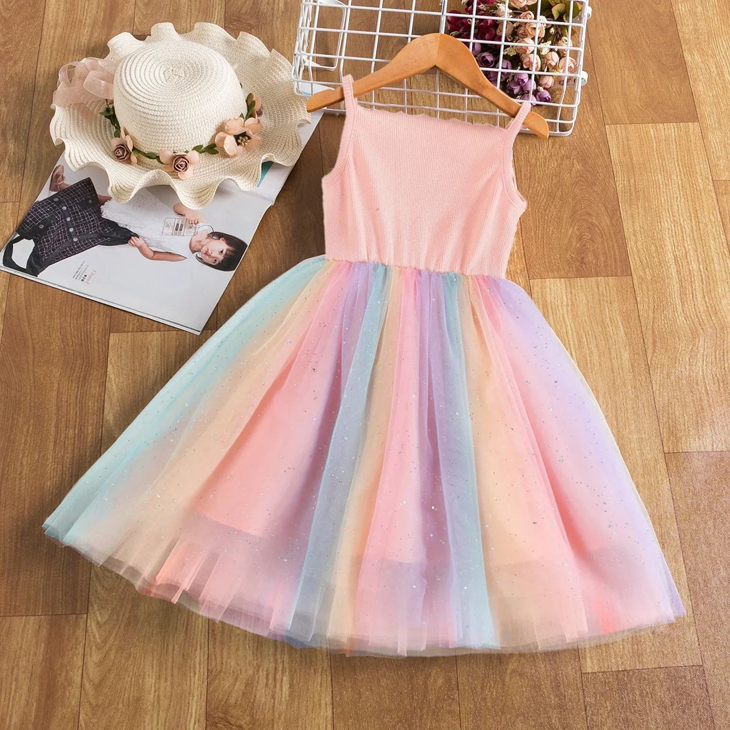 Girls Unicorn Inspired Sequin Rainbow Tulle Dress