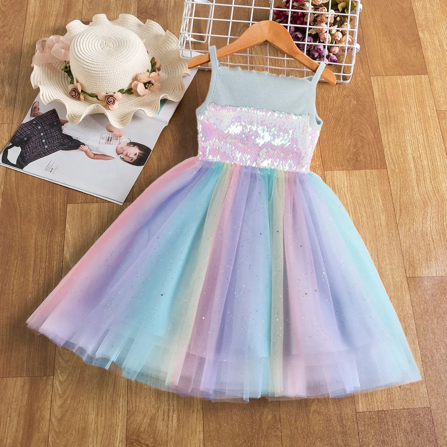 Girls Unicorn Inspired Sequin Rainbow Tulle Dress