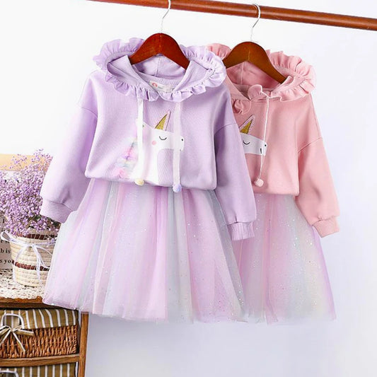 Girl's Unicorn Ruffle Hoodie+Skirt Set