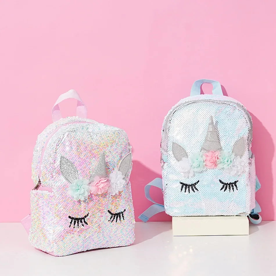 Unicorn White and Light Blue Sequin Backpack