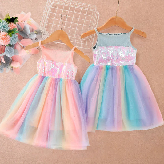 Girls Unicorn Inspired Sequin Rainbow Tulle Dress