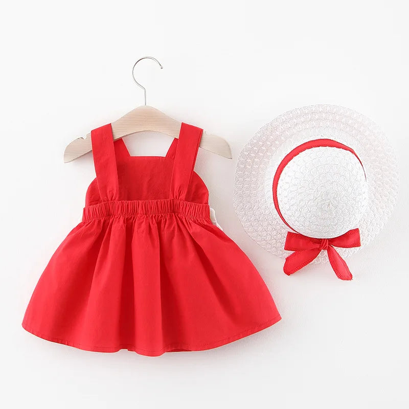 Baby and Toddler Summer Sleeveless Rainbow Dress with Straw Hat