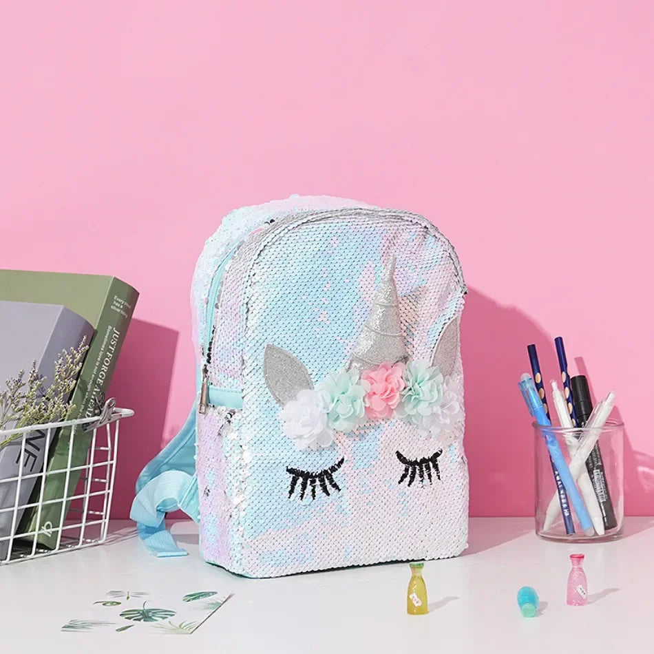 Unicorn White and Light Blue Sequin Backpack