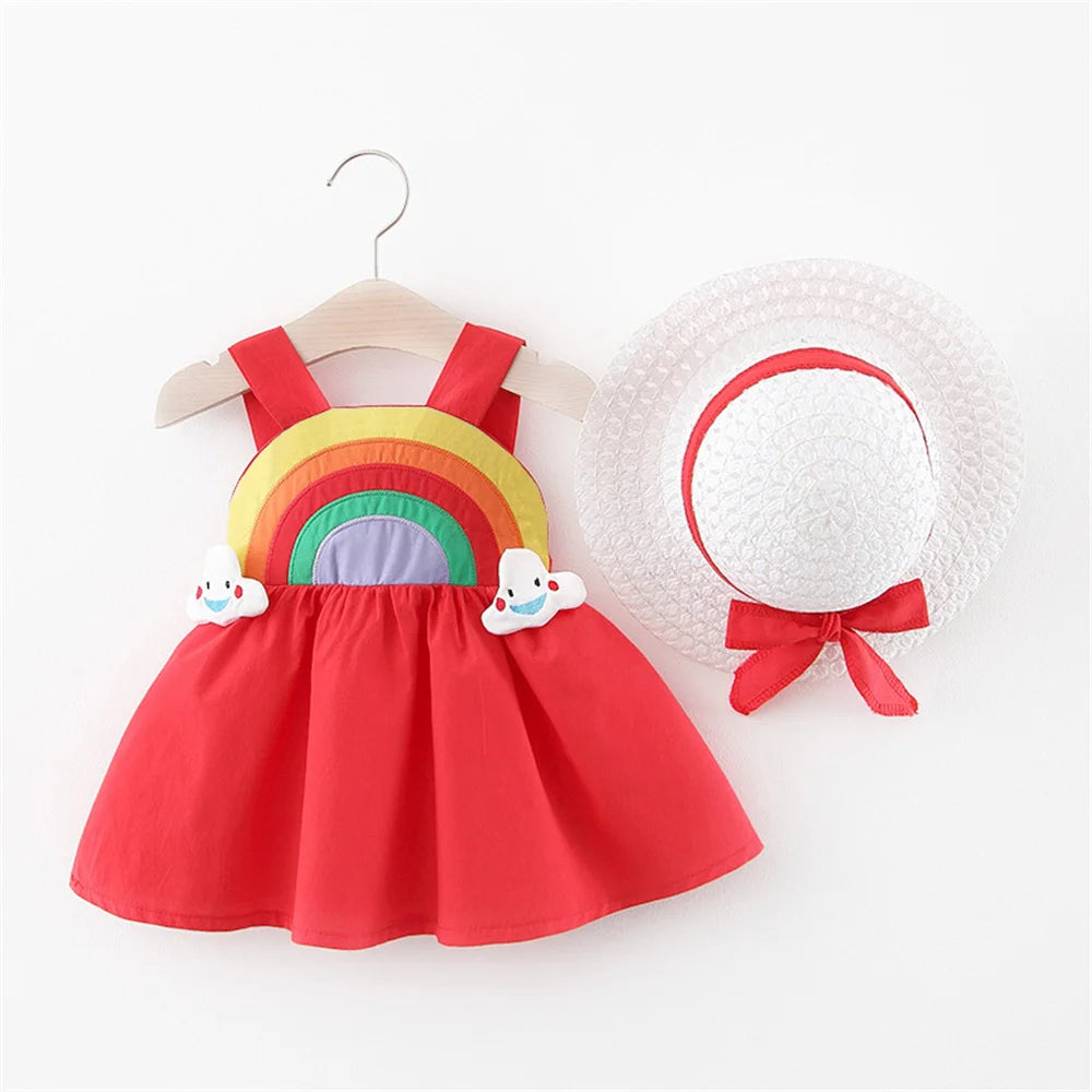 Baby and Toddler Summer Sleeveless Rainbow Dress with Straw Hat