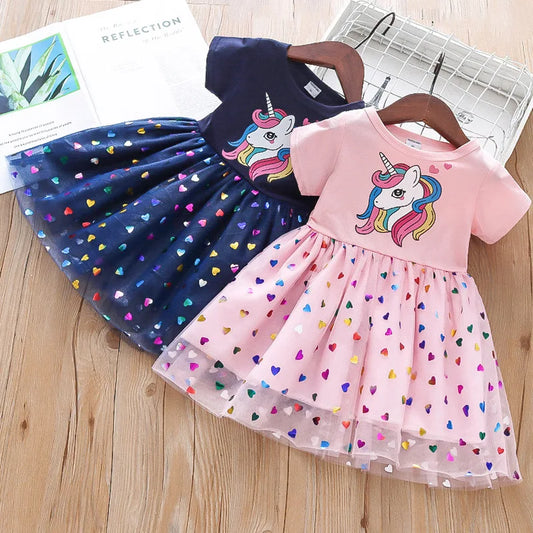 Navy and Pink Short Sleeve Unicorn Dress with Heart Tulle