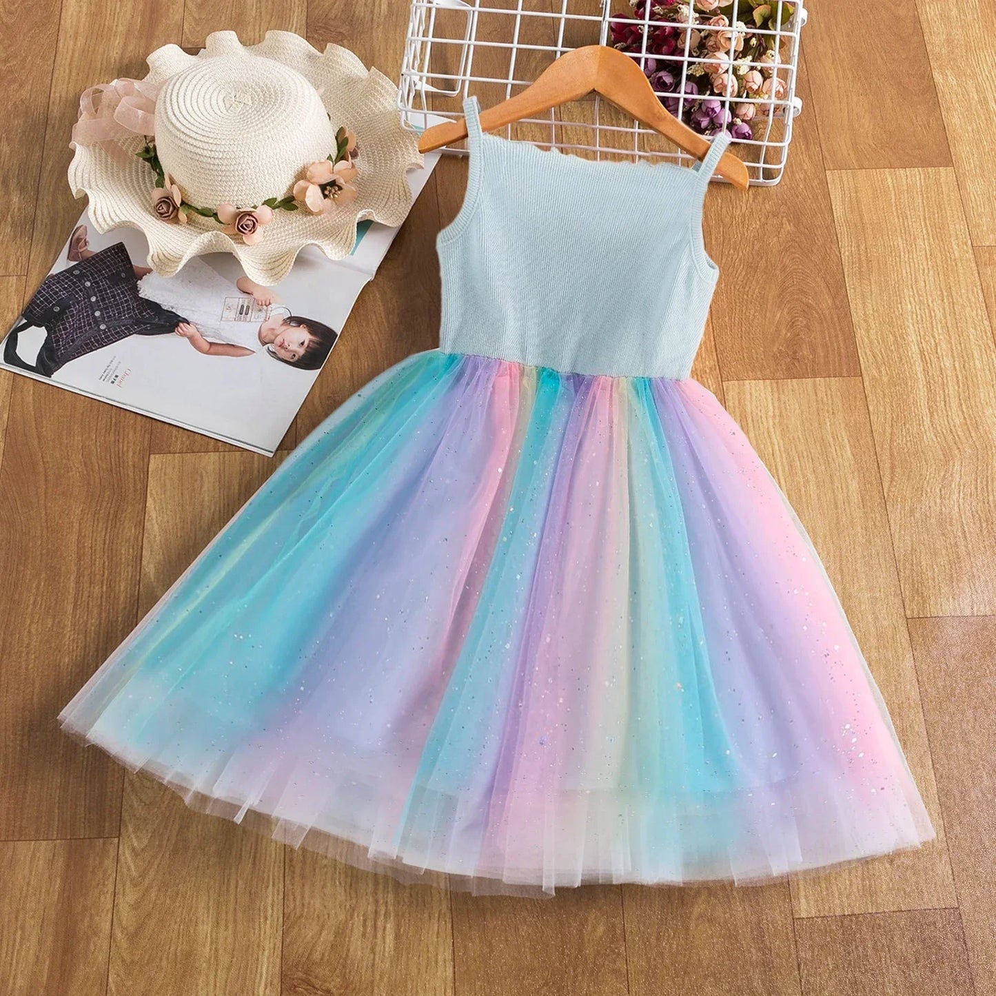 Girls Unicorn Inspired Sequin Rainbow Tulle Dress