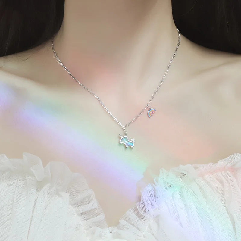 925 Silver Plated Opal Unicorn Necklace