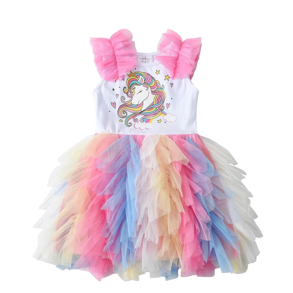 Girls Unicorn Rainbow Tulle Layered Tutu Dress