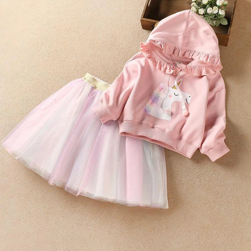 Girl's Unicorn Ruffle Hoodie+Skirt Set