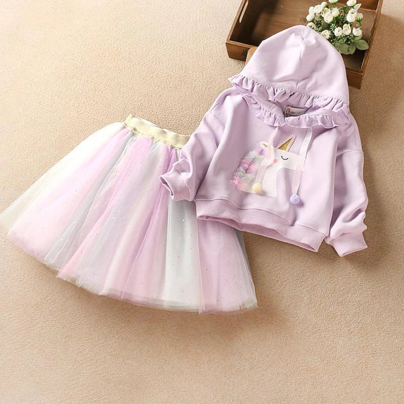 Girl's Unicorn Ruffle Hoodie+Skirt Set