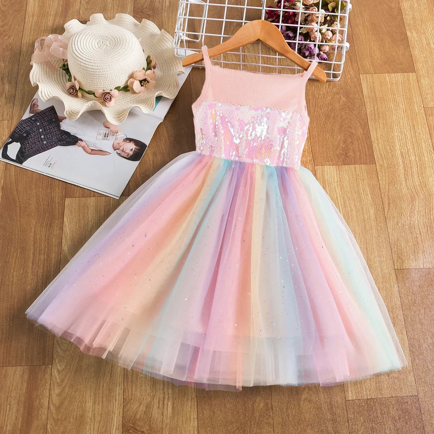 Girls Unicorn Inspired Sequin Rainbow Tulle Dress