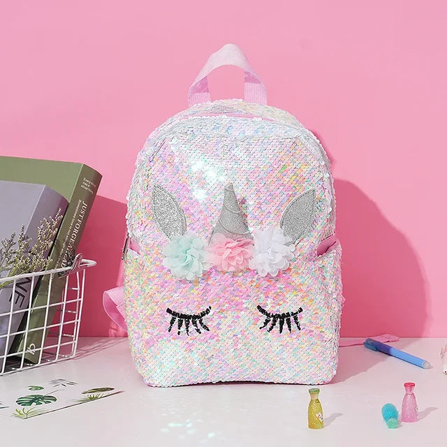 Unicorn White and Light Blue Sequin Backpack