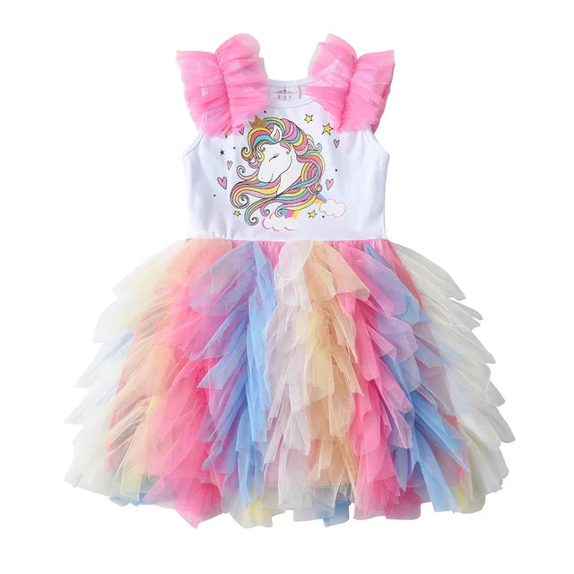 Girls Unicorn Rainbow Tulle Layered Tutu Dress