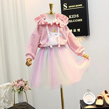 Girl's Unicorn Ruffle Hoodie+Skirt Set