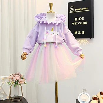 Girl's Unicorn Ruffle Hoodie+Skirt Set