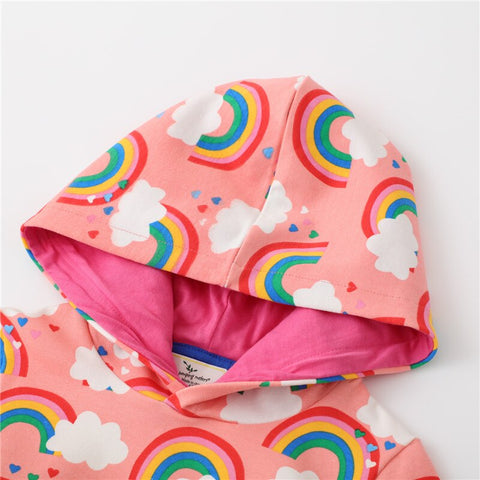 Pink Rainbow Print Cotton Hooded Dress