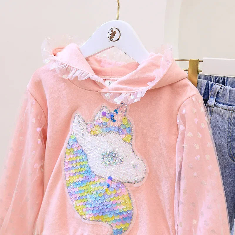 Girls Sequined Unicorn Hoodie Sweater and jeans