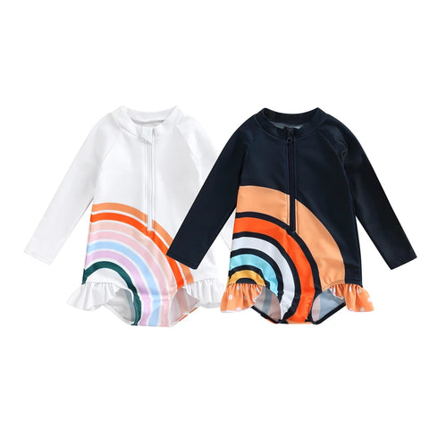 1-Piece Girls Rainbow Long Sleeve Ruffle Swimwear
