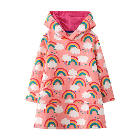 Pink Rainbow Print Cotton Hooded Dress