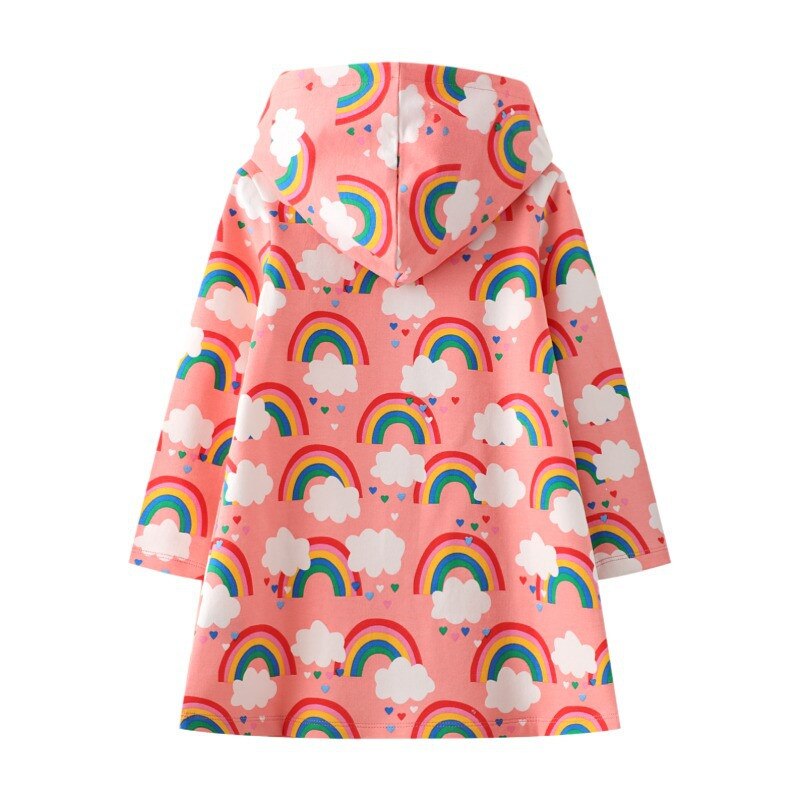 Pink Rainbow Print Cotton Hooded Dress