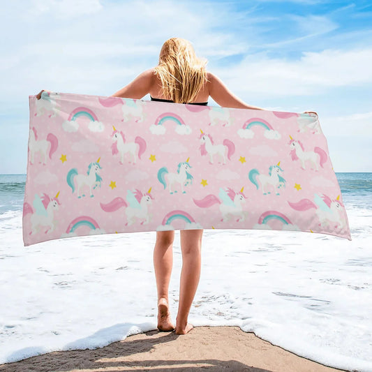 Unicorns Pink Polka Dots Beach Towel