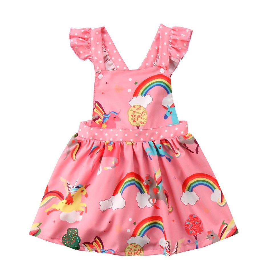 Girls Pink Rainbow Unicorn Ruffled Party Dress