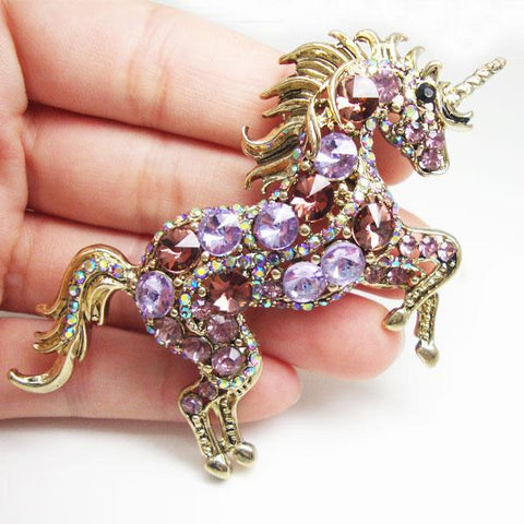 Gold-Purple Rhinestone Crystal Unicorn Brooch-100 Unicorns
