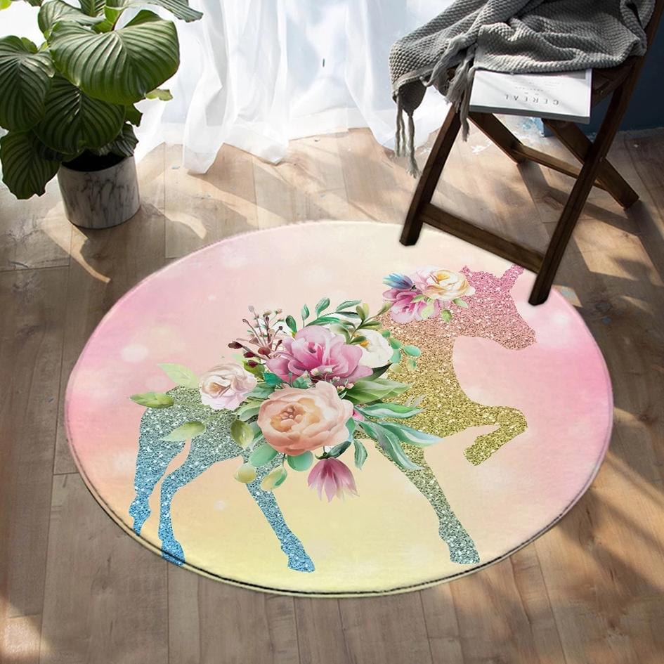 Round Floral Glitter Unicorn Silhouette Floor Mat