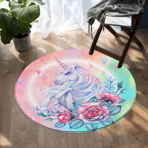 Round Pink Floral Rose Unicorn Floor Mat Rug
