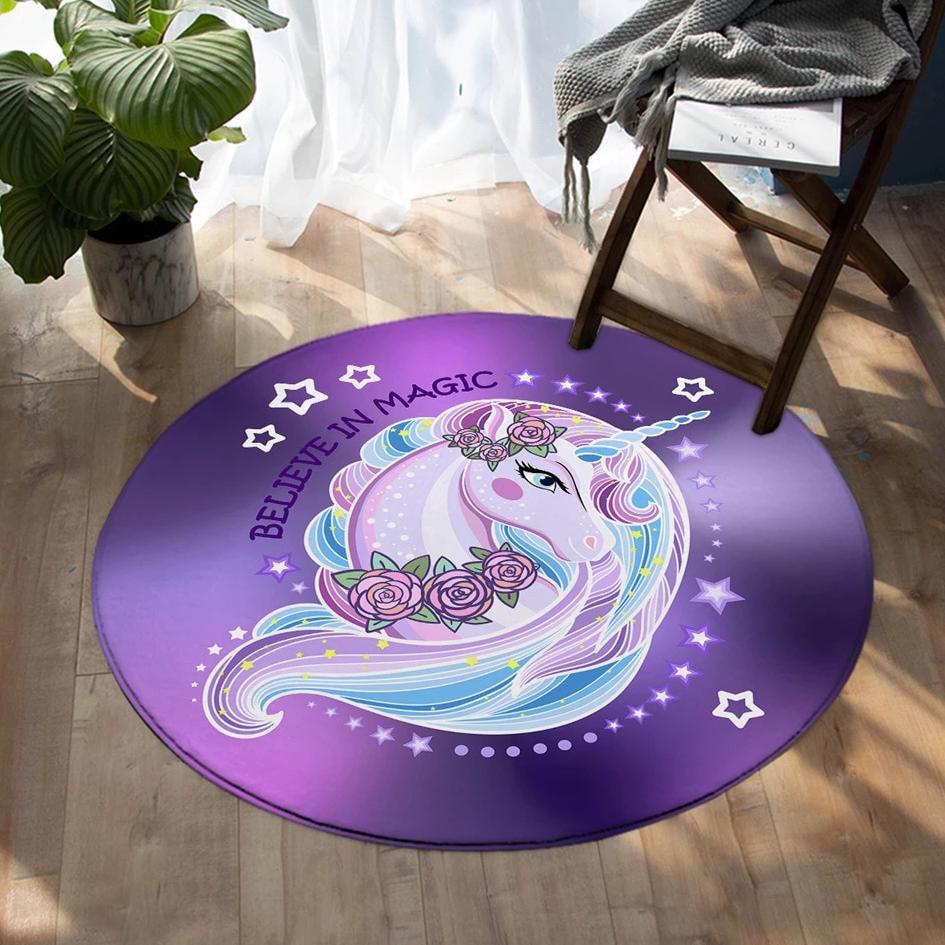 Purple Believe In Magic Round Unicorn Floor Mat