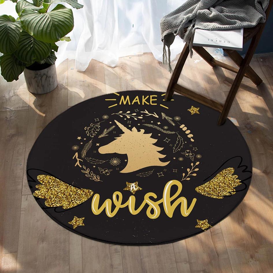 Round Black &amp; Gold Make A Wish Unicorn Floor Mat