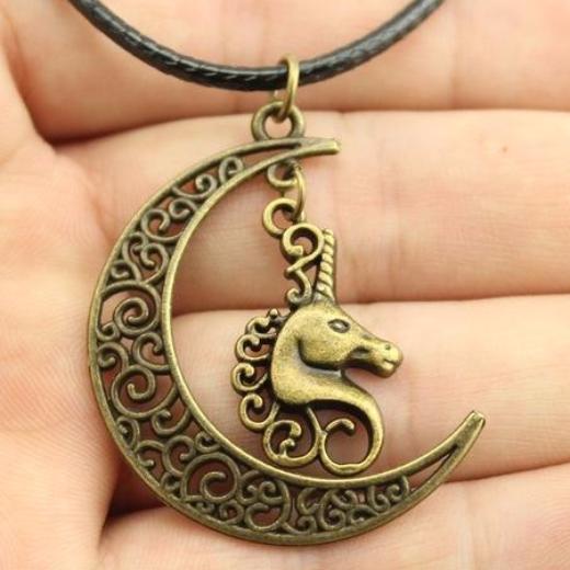 Crescent Moon Unicorn Leather Necklace