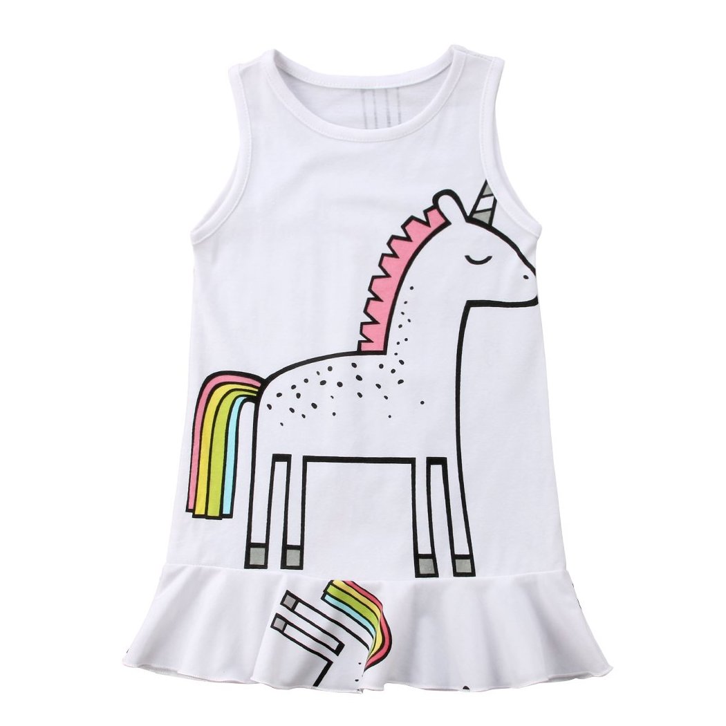 Girls White Cartoon Unicorn Summer Dress