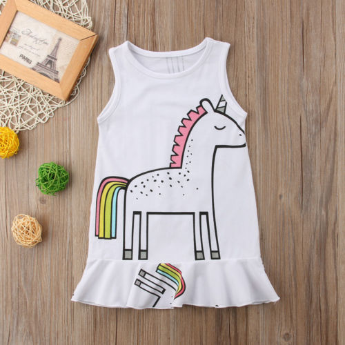 White Cartoon Unicorn Summer Dress