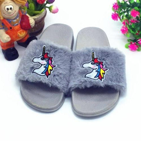 Gray Fur Unicorn Flip Flops
