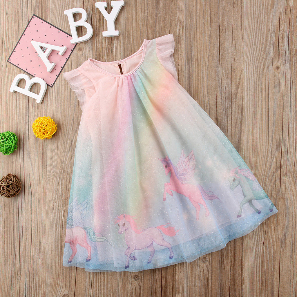 Girls Rainbow Unicorn Summer Tulle Sun Dress - 100 Unicorns