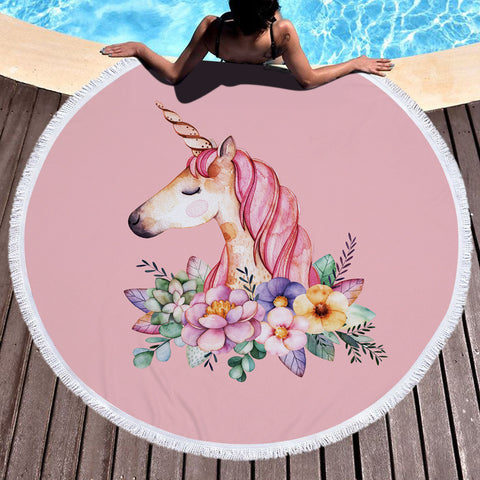 Round Unicorn Beach Towel by Pool 3