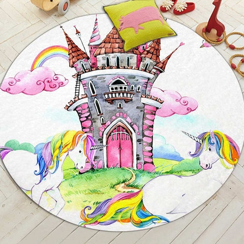 Round Rainbow Unicorn Castle Floor Mat Rug