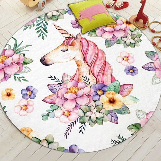 Round White Floral Unicorn Print Floor Mat Rug