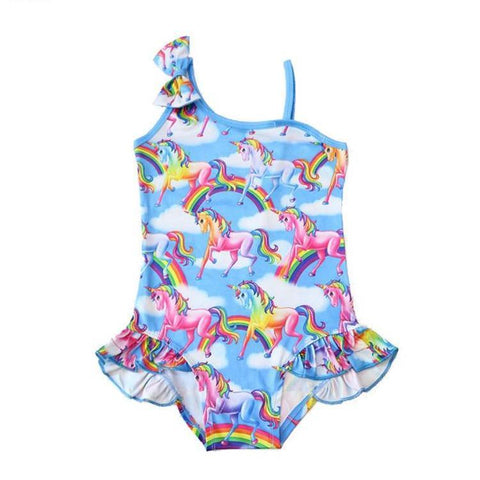 Girls 1-Piece Swept Shoulder Unicorn Print Swimsuit