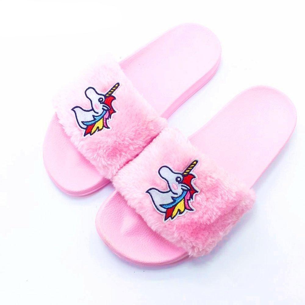 Pink Fur Unicorn Slippers